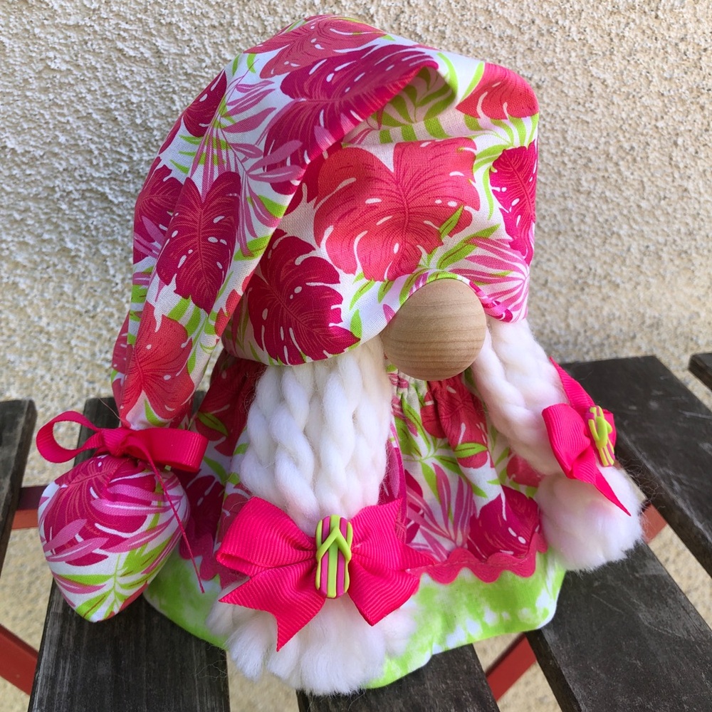 Tropical Summer Gnome Lime Green Hot Pink Braids Bows Flip Flops Gift Babe Cave